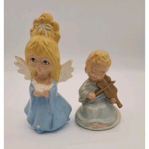 VTG 2 Christmas Angels Hand Painted Ceramic Figurines 60s 70s Blue Blonde